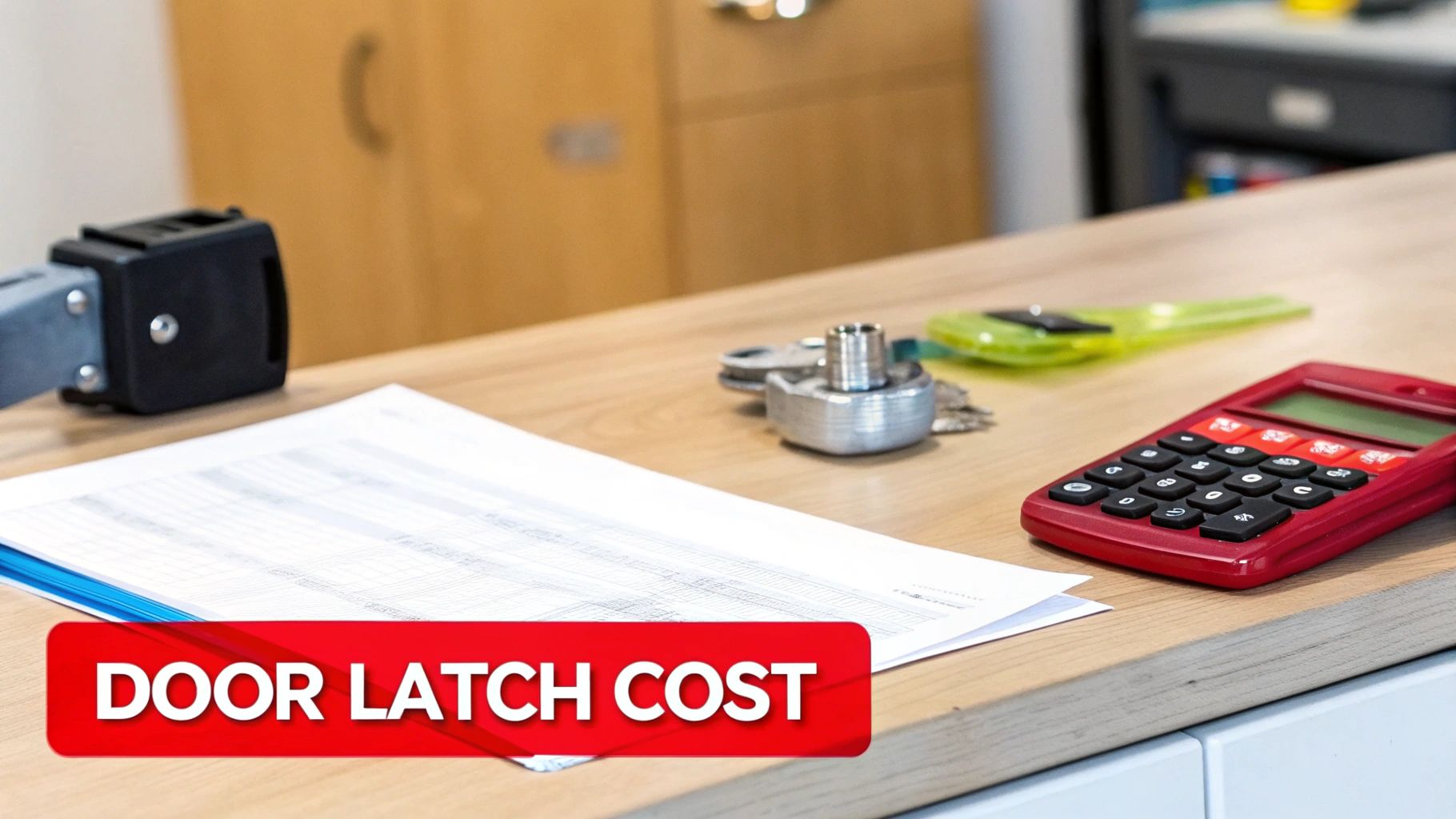 Desk with calculator, papers, and door hardware, highlighting 'DOOR LATCH COST' in a red banner.