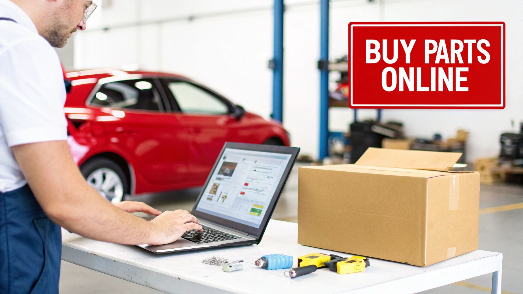 A mechanic in a garage uses a laptop to buy car parts online, with a box and tools on the table and a red car in the background.
