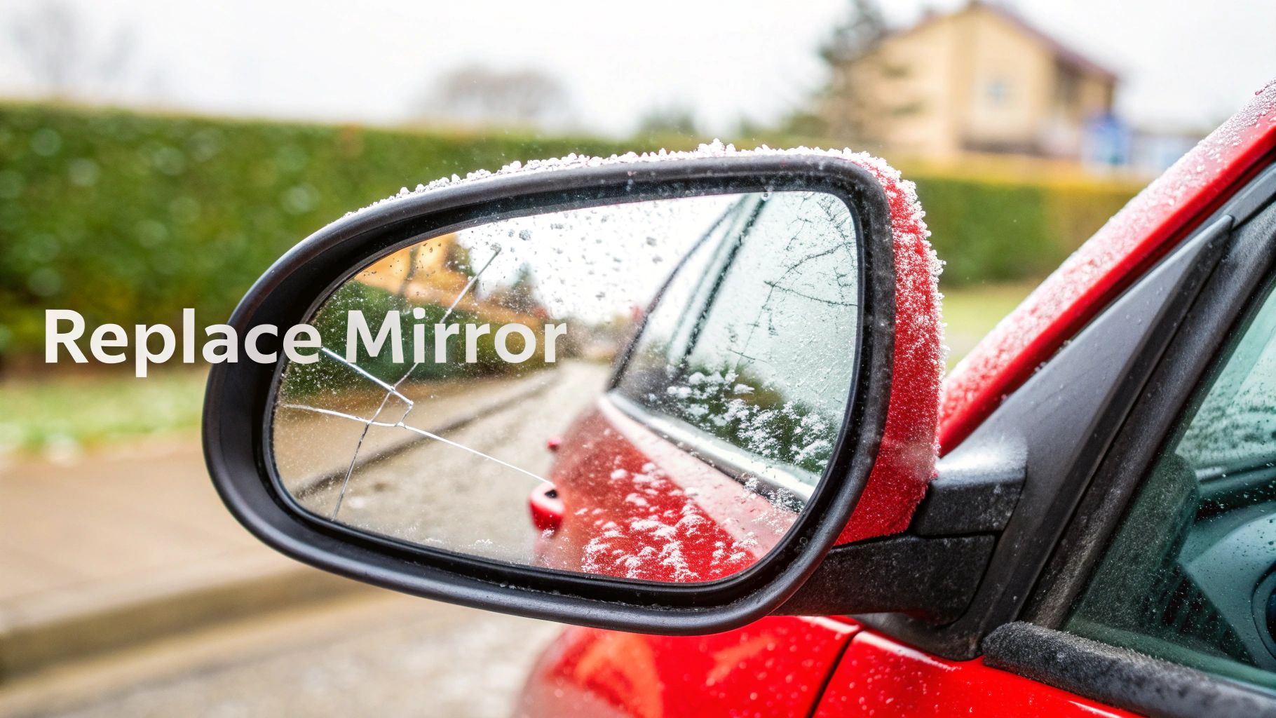 A side view mirror with a large crack through the center, showing a distorted reflection of the sky and trees.