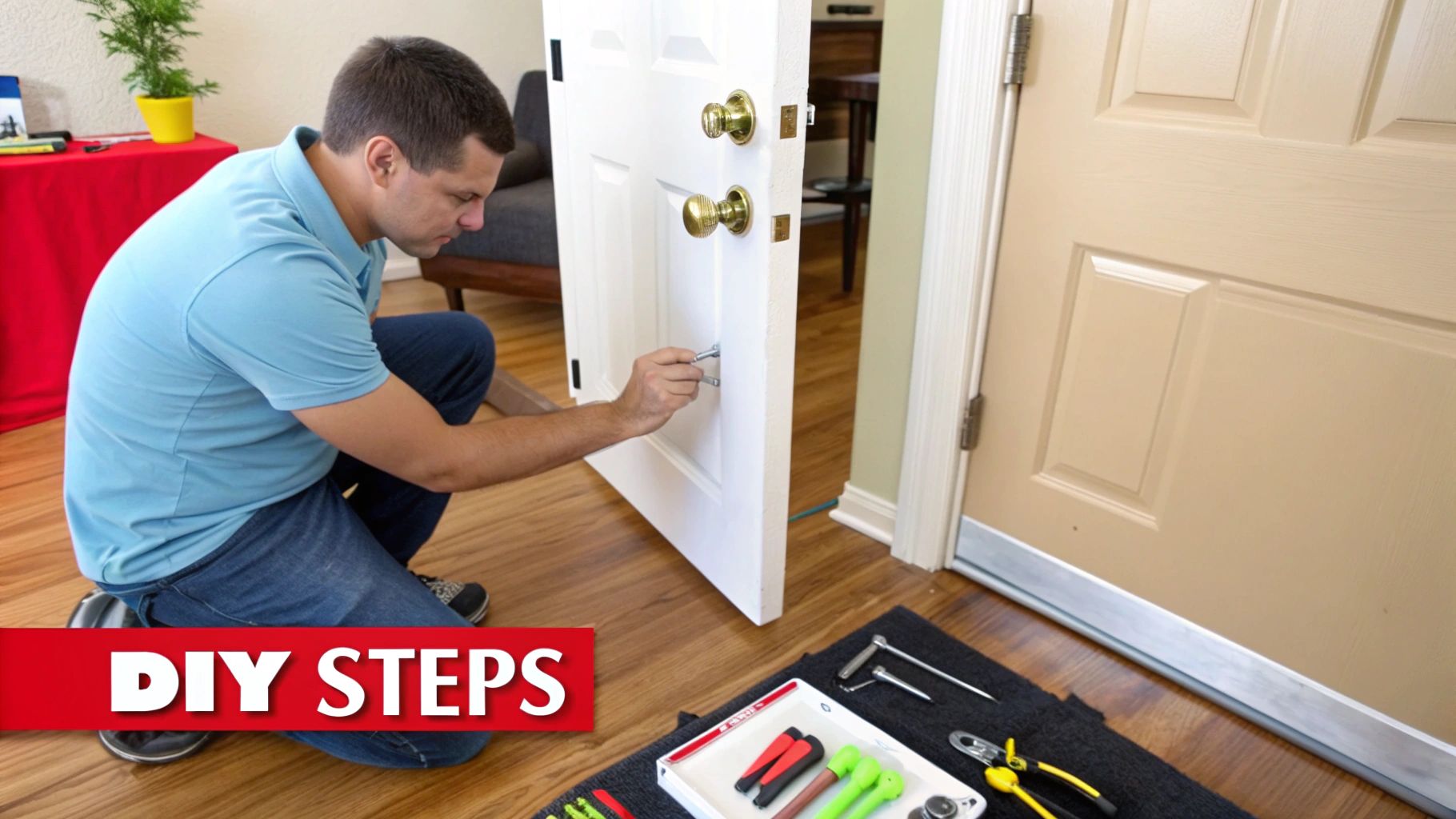 A man kneels on the floor, installing a new handle on a white interior door.