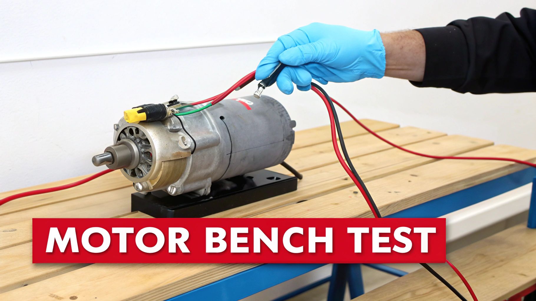 A gloved hand connects red and black wires to an electric motor on a wooden workbench.