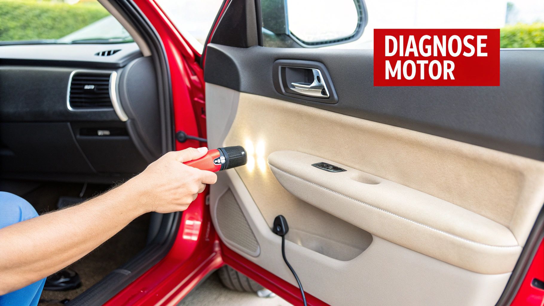 A mechanic inspecting the inside of a car door panel, focusing on the power window motor assembly.
