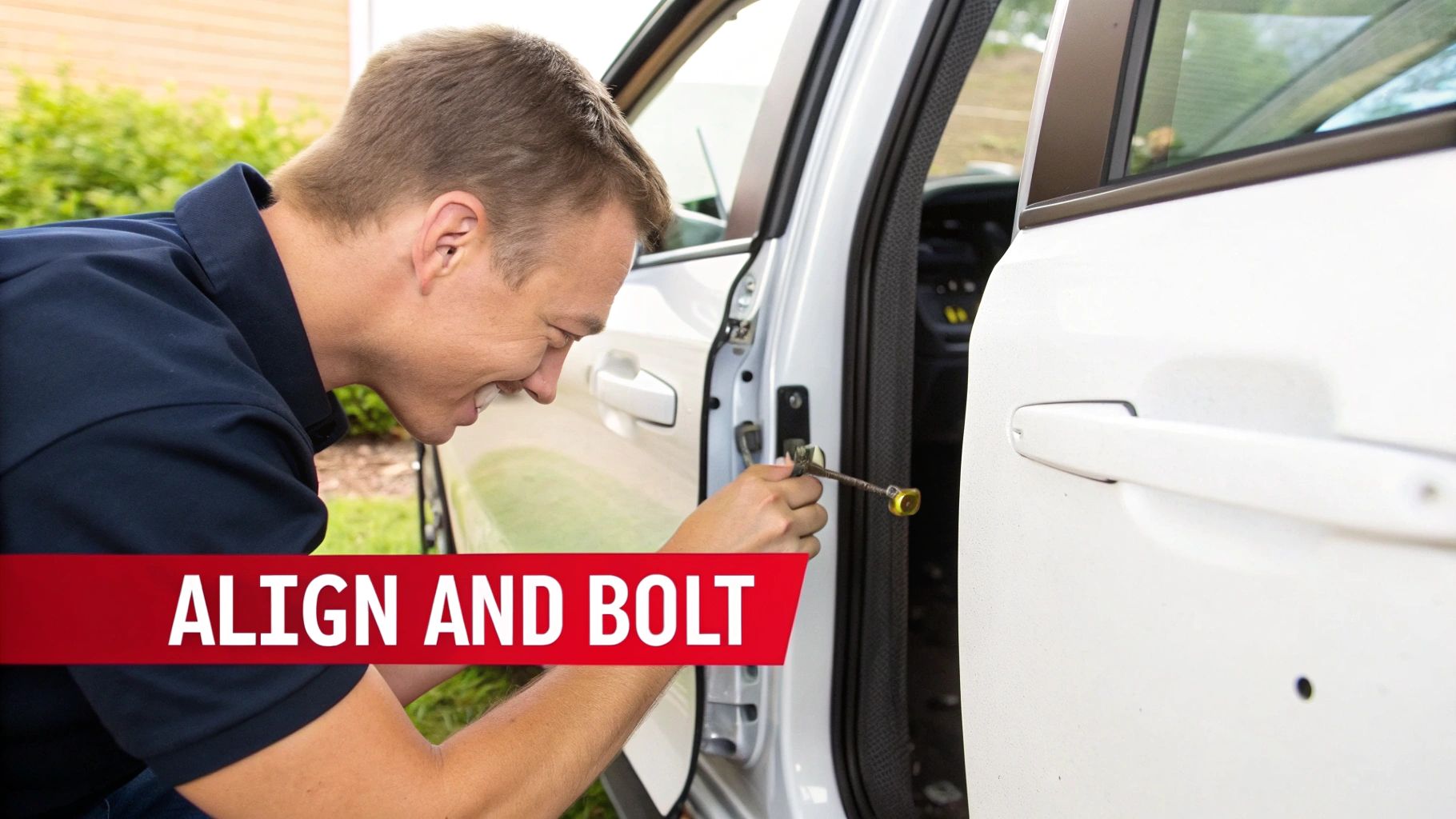 A new window regulator assembly being carefully guided into the access hole of a car door.