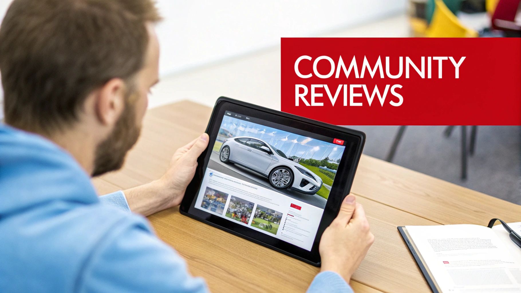 A person on a laptop browsing an online automotive forum, with a car engine visible in a background