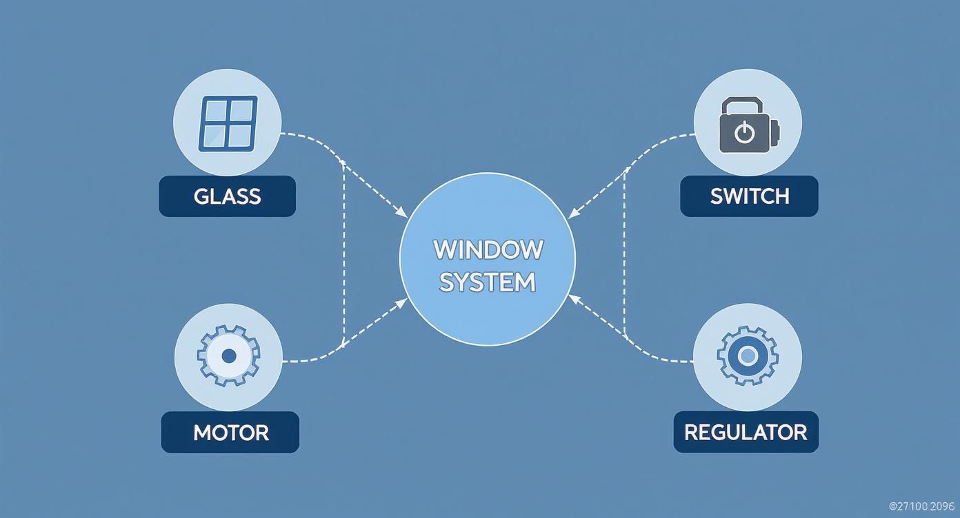 Diagram showing a window system with its core components: glass, switch, motor, and regulator.