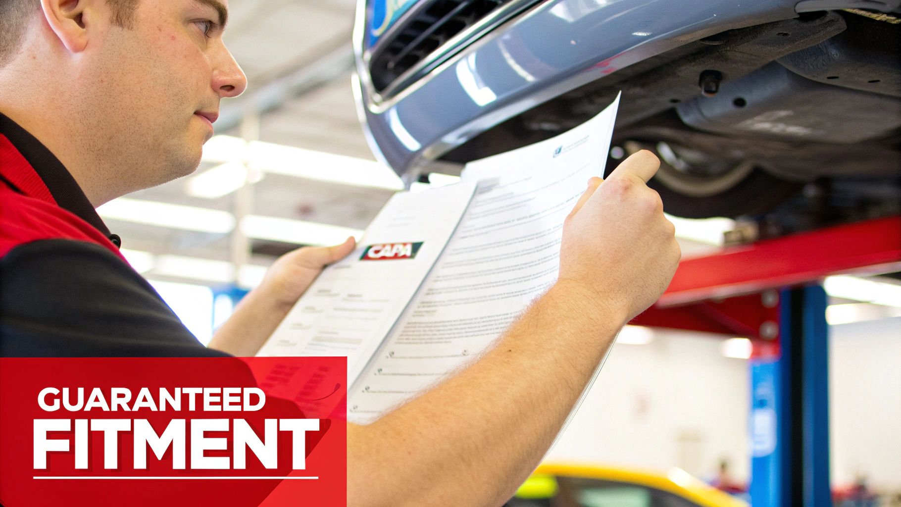 A mechanic reviews documents with a CAPA logo next to a car on a lift, signifying guaranteed fitment.
