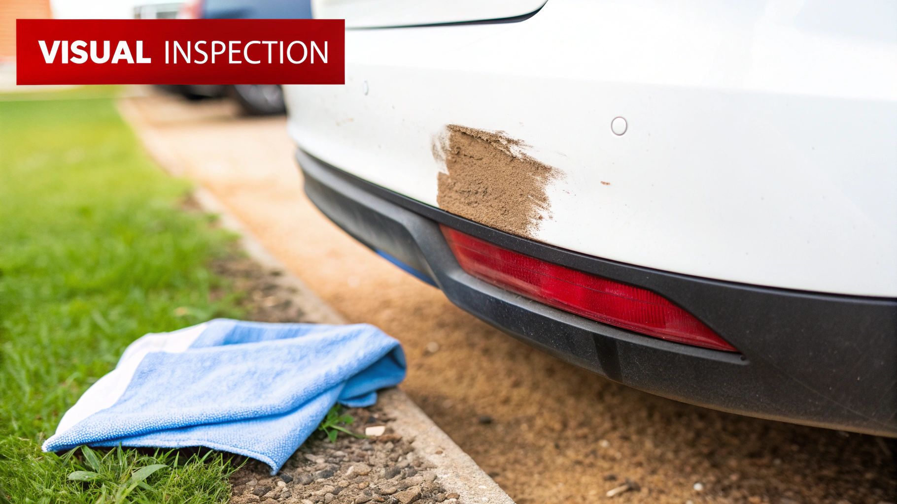 A hand wiping a parking sensor on a car bumper to perform a visual inspection.