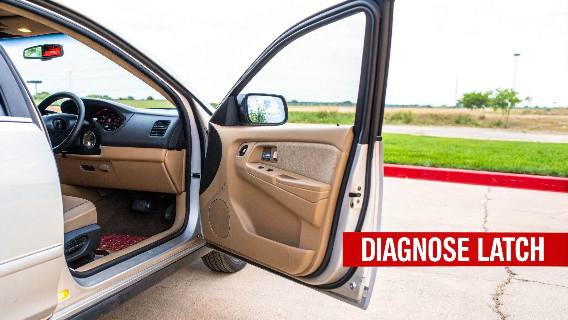 Open car door showing interior beige upholstery with text diagnose latch for troubleshooting repair