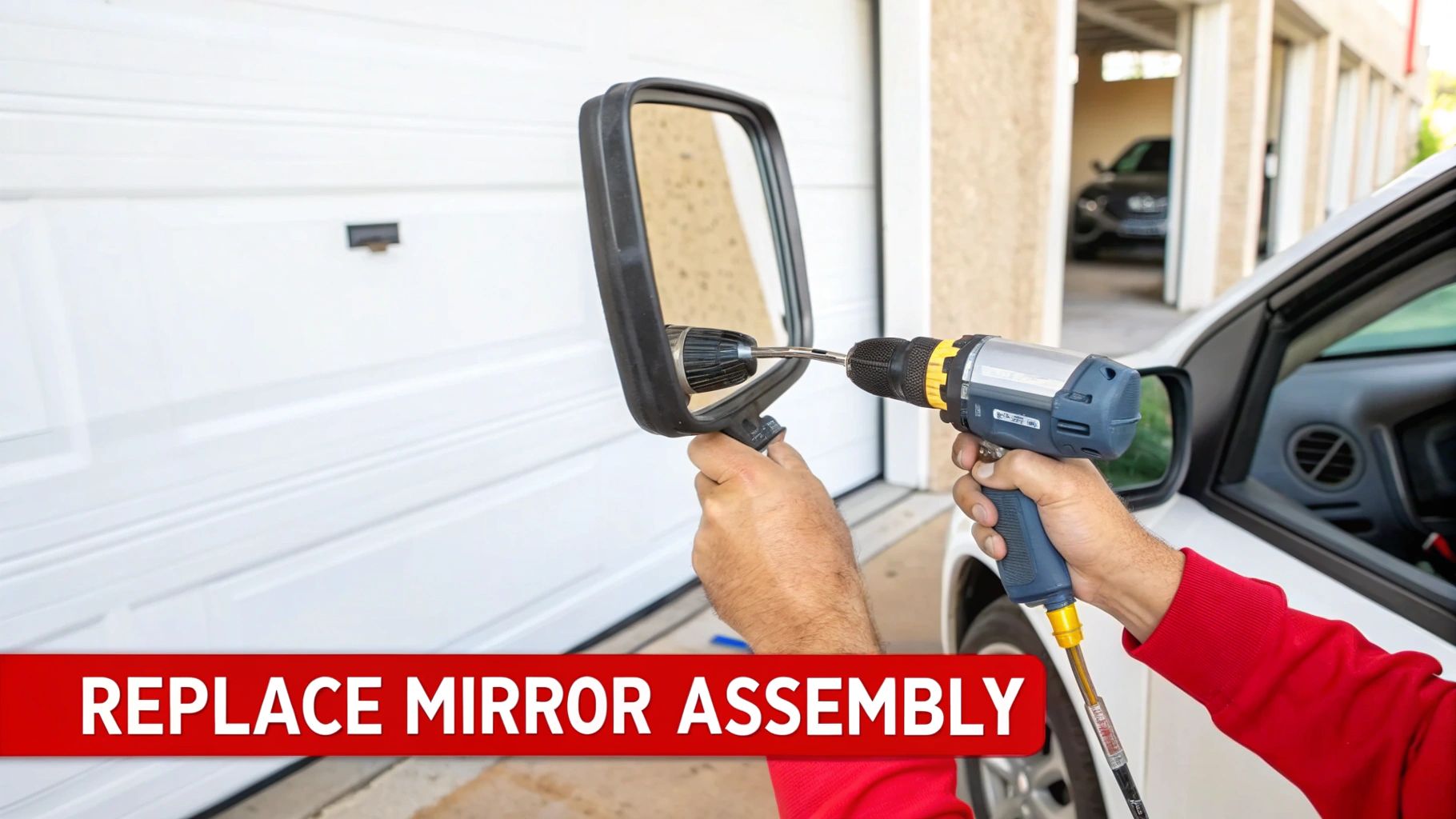 A person uses a power drill to replace a car side mirror assembly in front of a garage.