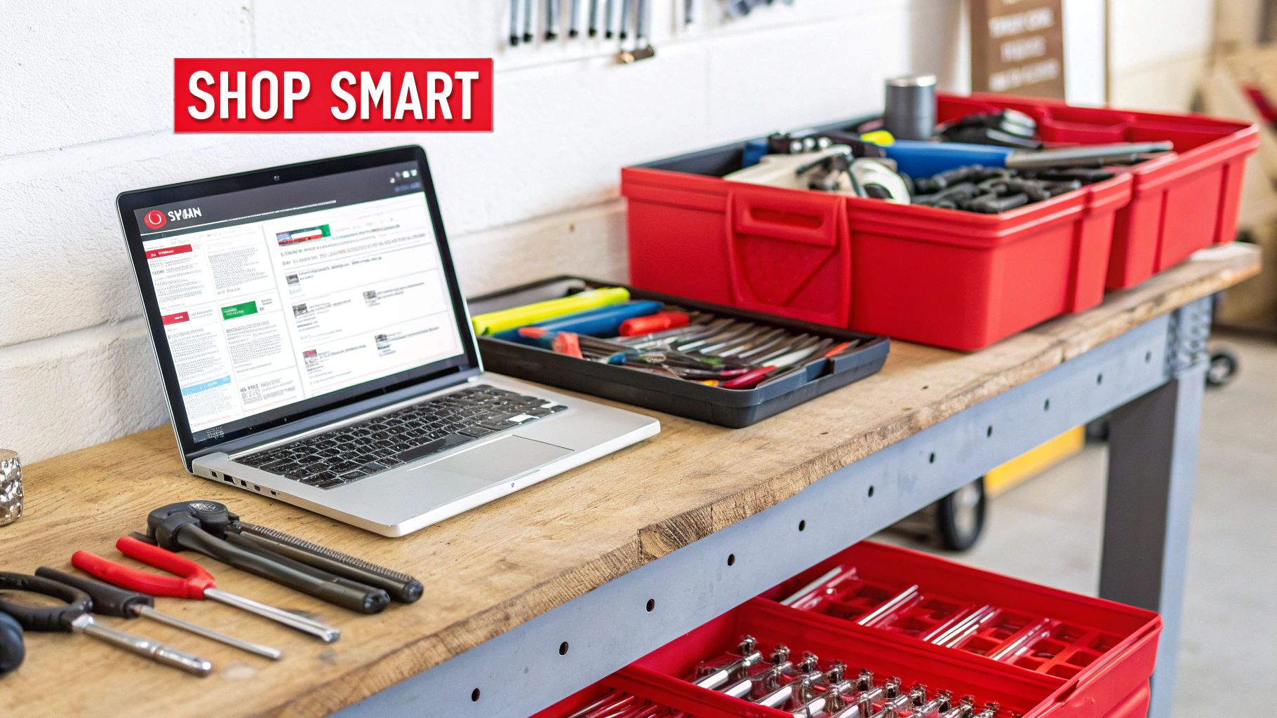 A laptop showing an online store next to various tools and red toolboxes on a wooden workbench.