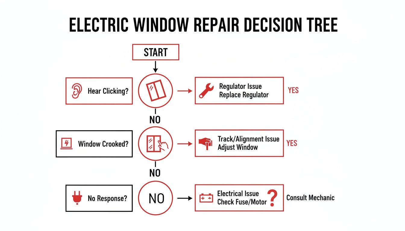 Flowchart for electric window repair, guiding diagnosis from clicking to electrical issues or no response.
