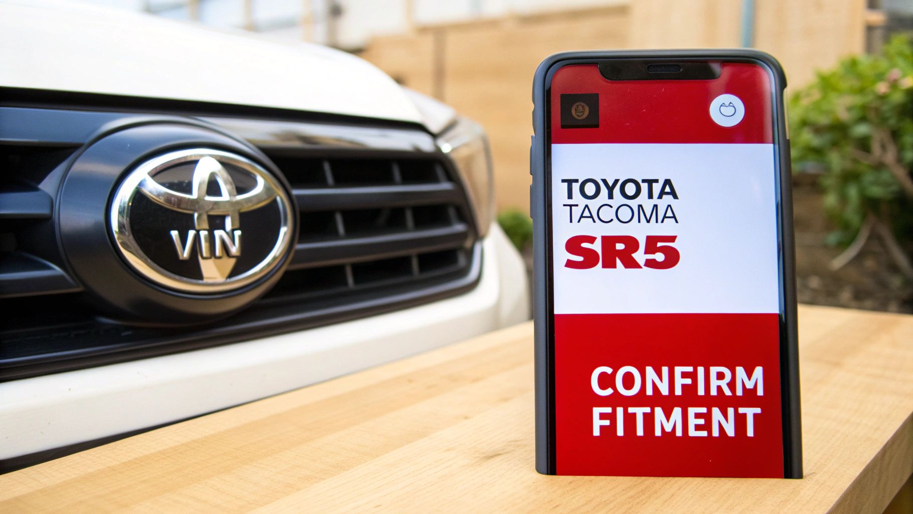 A smartphone displaying Toyota Tacoma SR5 details and 'Confirm Fitment' next to the vehicle's front grille with a VIN.