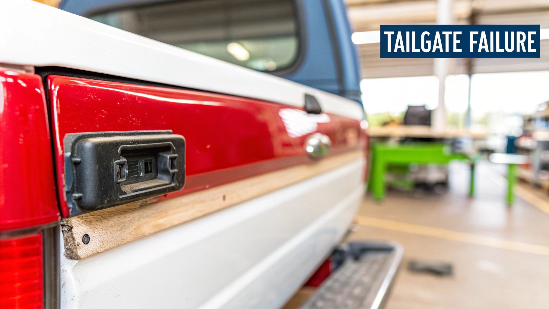 Close-up of a damaged red and white pickup truck tailgate with a broken latch in a workshop.