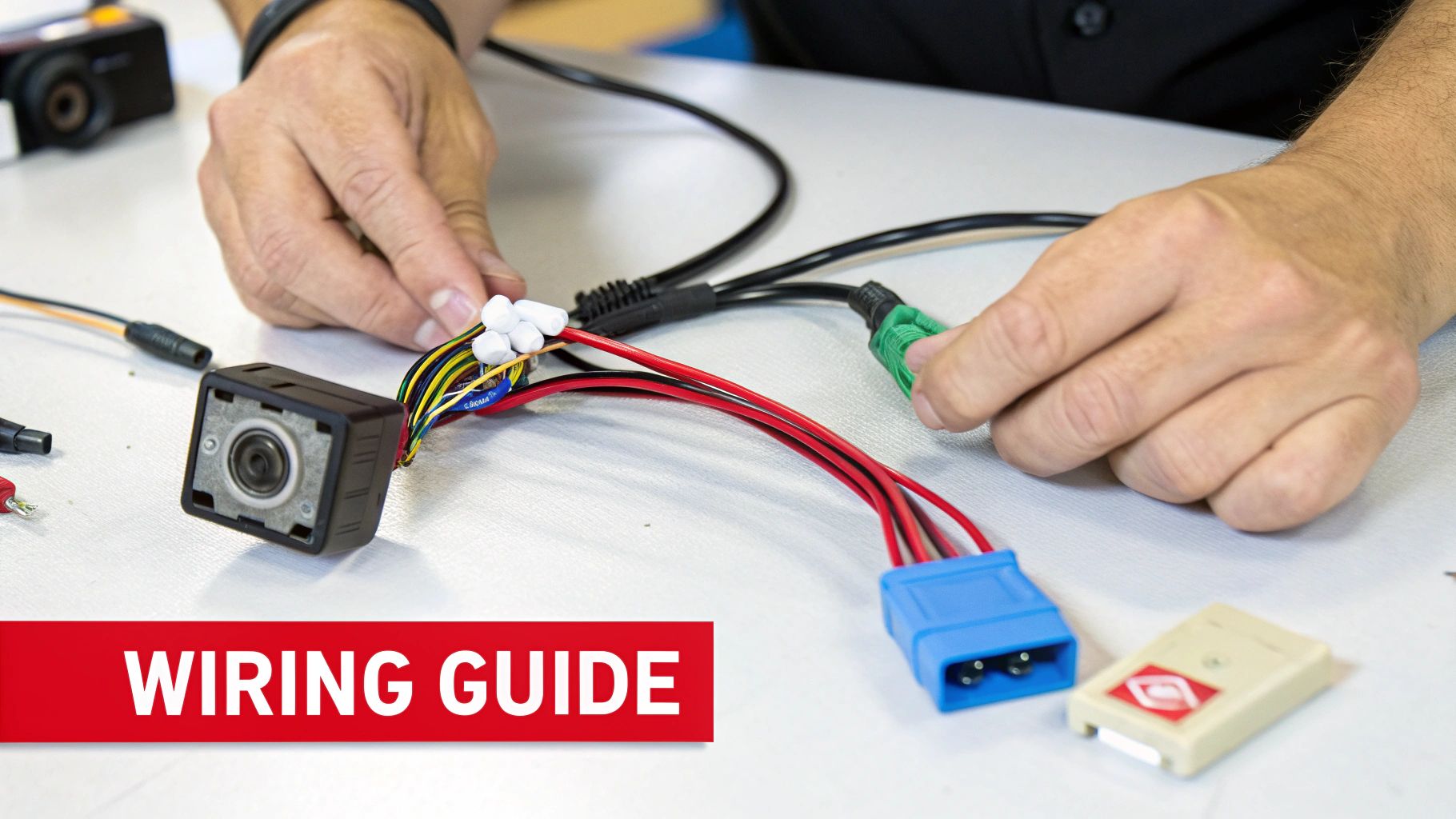 Hands are connecting wires to a camera and other electronic components, illustrating a wiring guide.