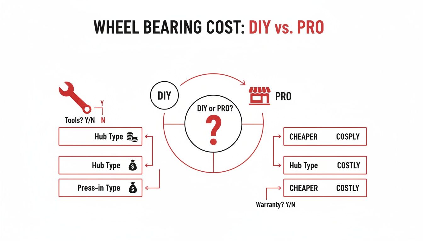 Flowchart comparing wheel bearing replacement cost: DIY vs. Pro, considering tools, hub type, and warranty.