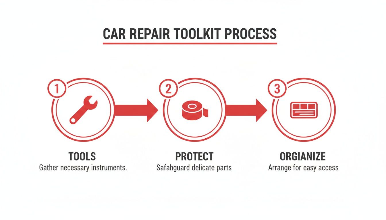A three-step infographic detailing the car repair toolkit process: gather tools, protect parts, and organize.