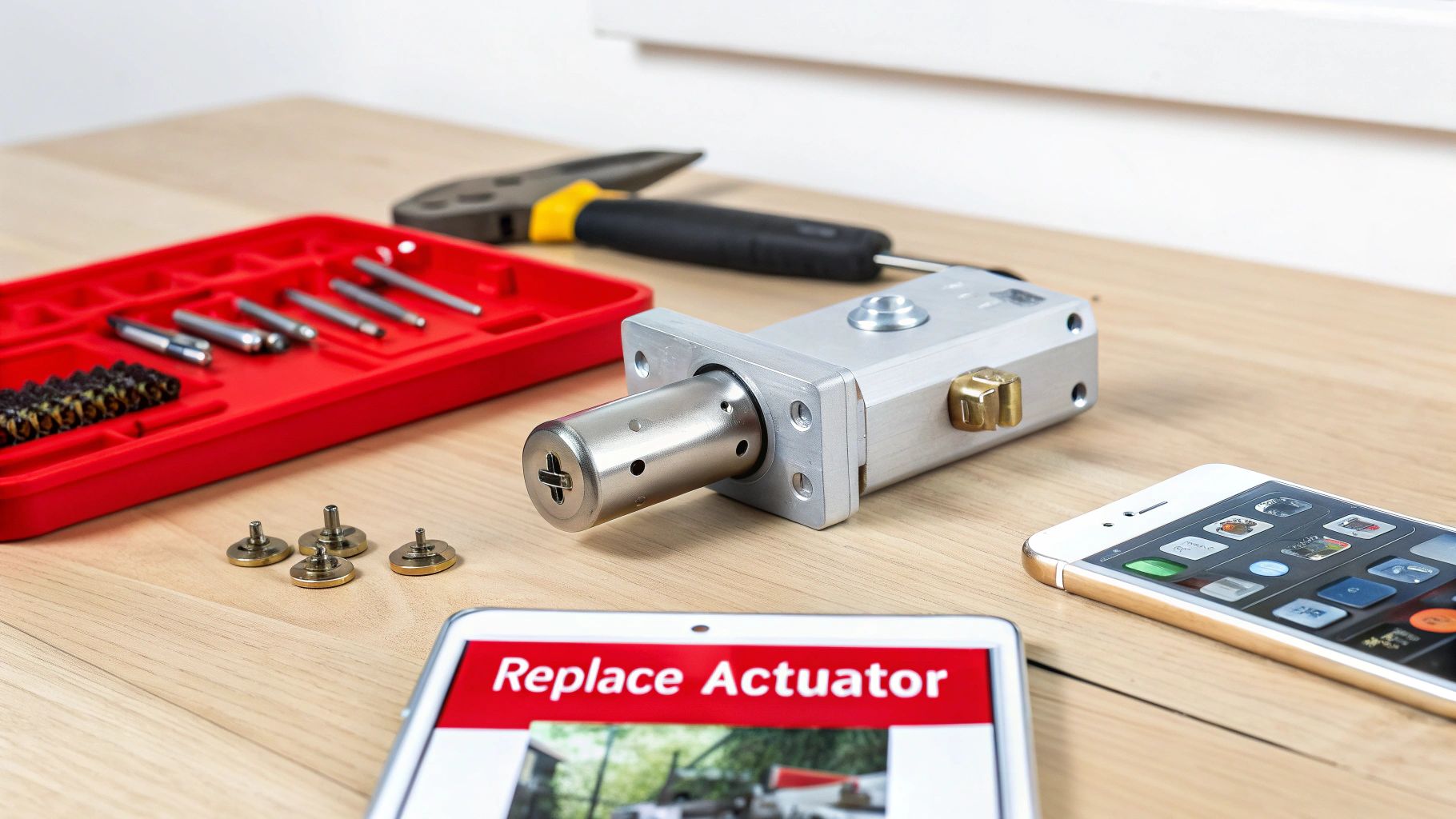 A disassembled door lock actuator with various components, tools, and digital devices on a wooden table.