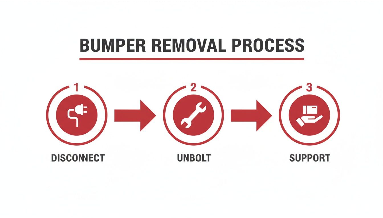 A three-step infographic outlining the bumper removal process: disconnect, unbolt, and support.