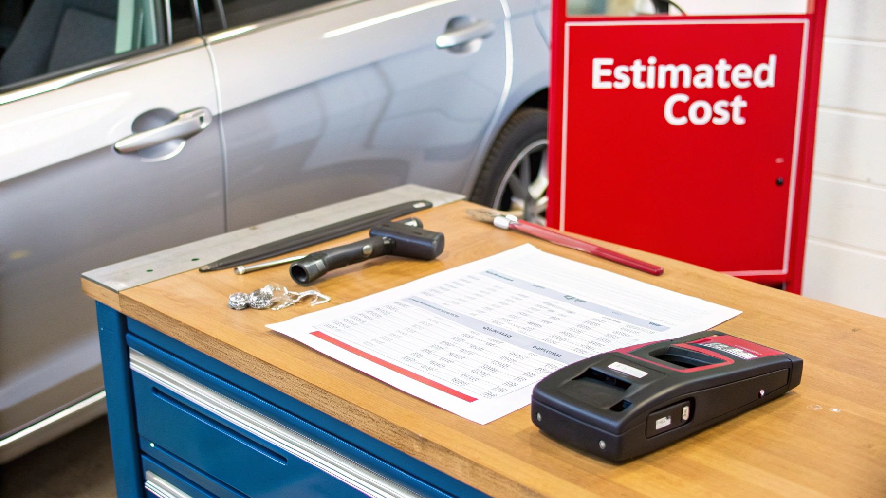 Workshop desk with car keys, tools, estimated cost papers, and a payment terminal next to a silver car.