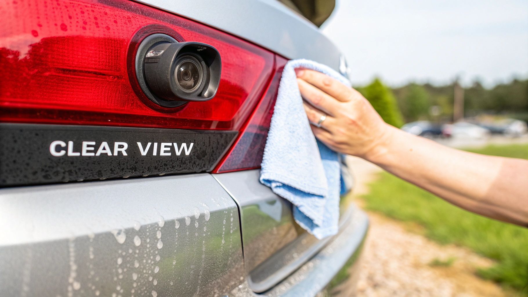 A hand with a blue microfiber cloth cleans a car's red tail light and backup camera, with 'CLEAR VIEW' text.