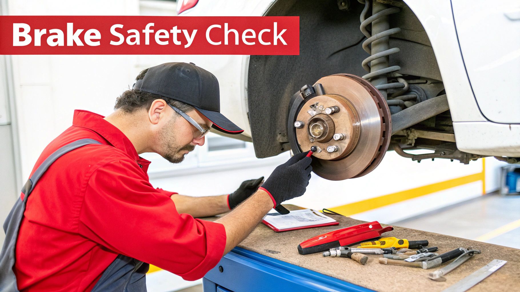 A car mechanic performs a brake safety check on a vehicle in a professional auto garage.