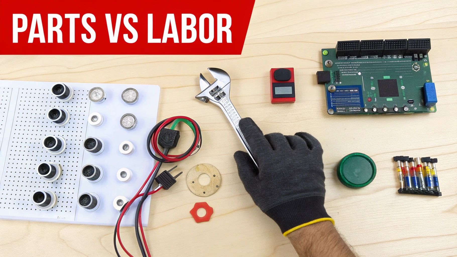 A flat lay of electronic parts, a wrench, and a gloved hand on a wooden table, with 'PARTS VS LABOR' banner.