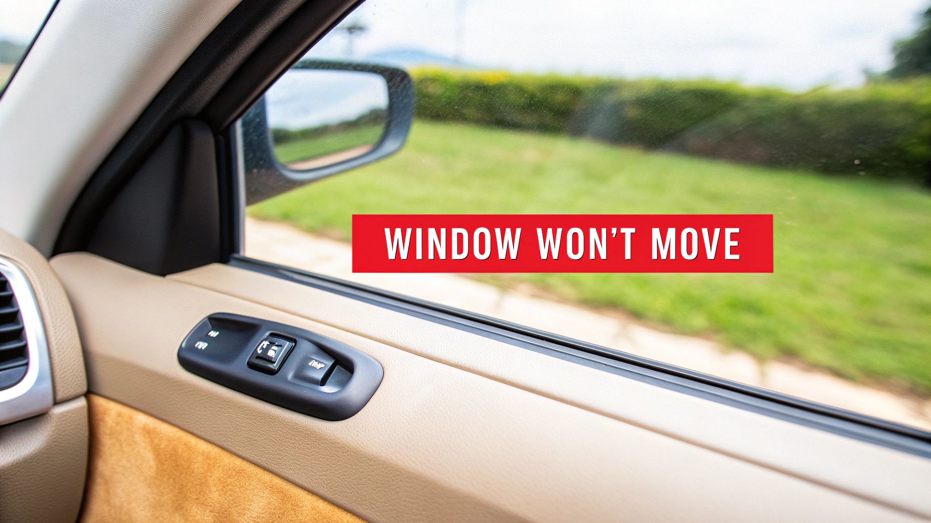A car's interior door panel showing a window switch, with an overlaid text "WINDOW WON'T MOVE."