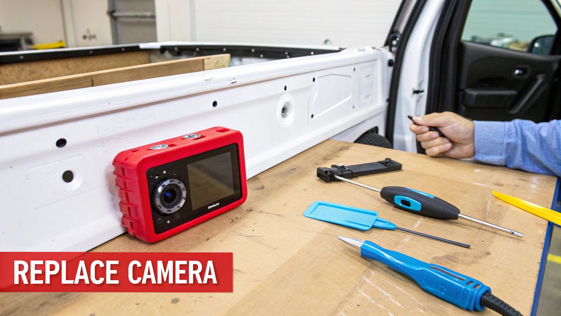 A person replaces a camera on a truck tailgate, with various tools and a red camera on a workbench.