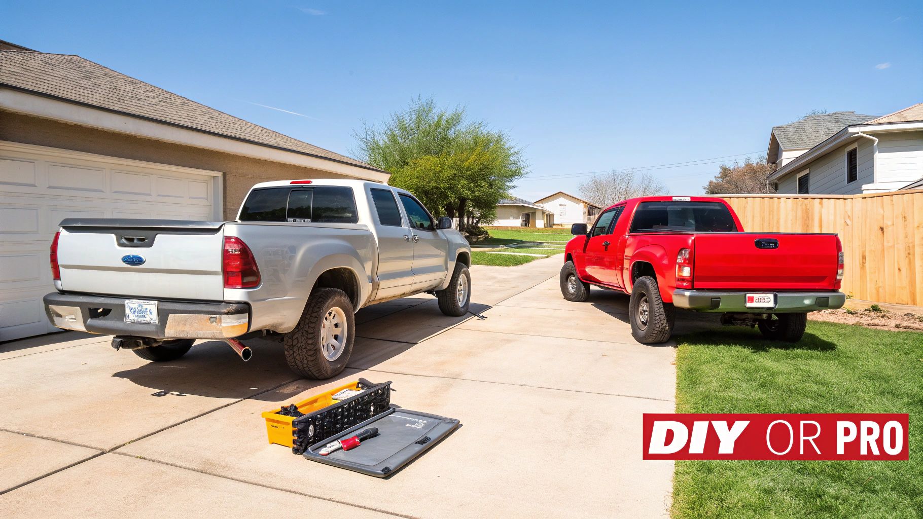 Two pickup trucks on a driveway, with tools laid out for a silver truck's back bumper maintenance.