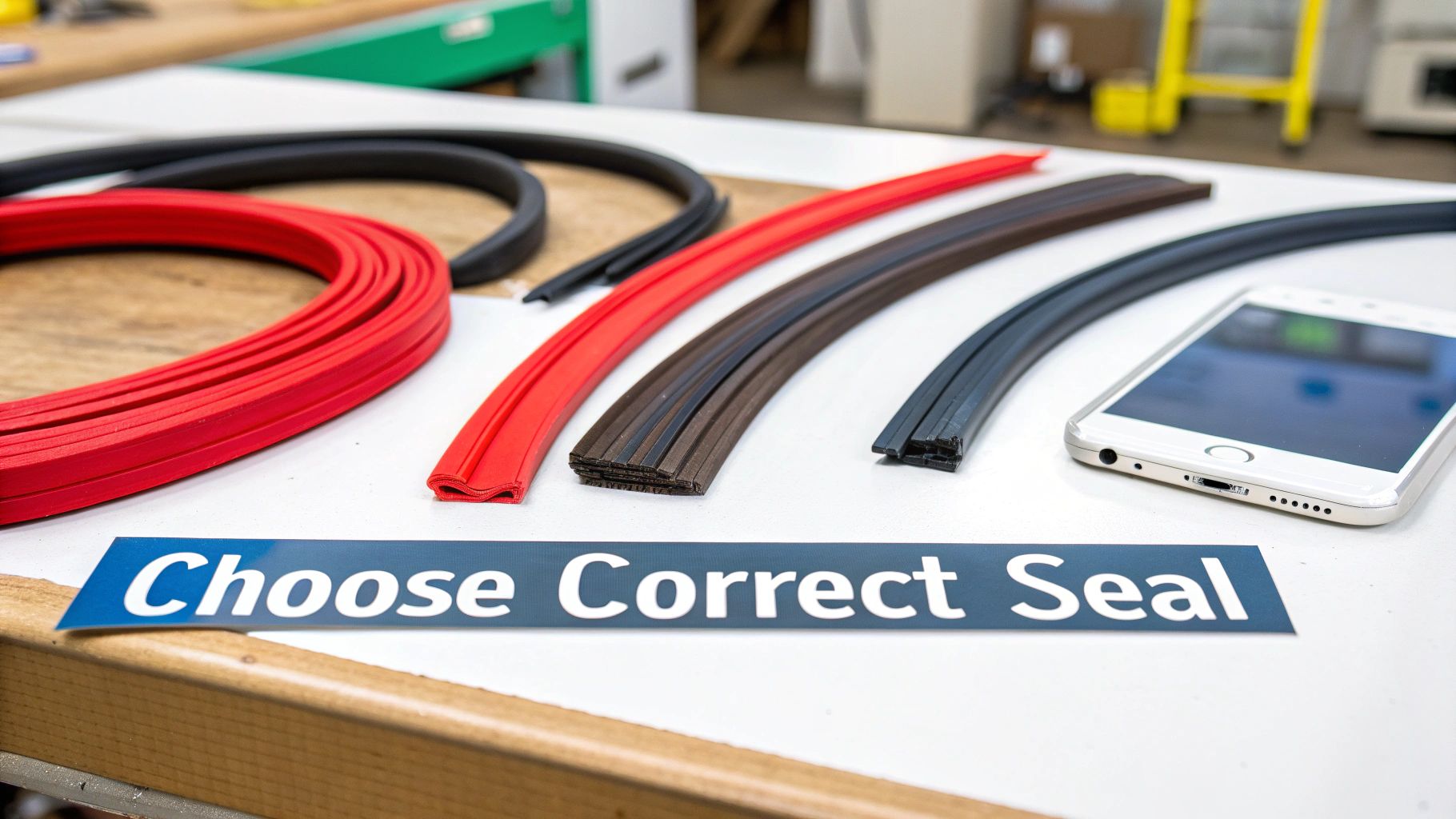 Display of various colored rubber seals and gaskets with different profiles on a white surface, next to a 'Choose Correct Seal' sign and a smartphone.