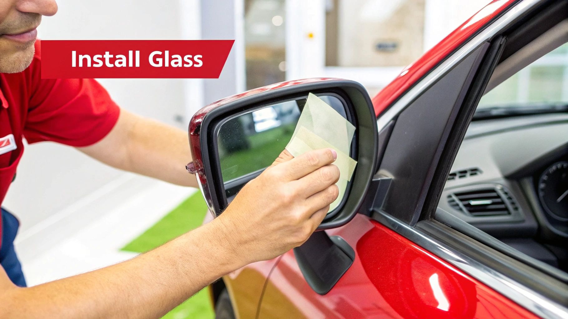A person's hands wearing blue gloves as they carefully press a new side view mirror glass into the black plastic housing of a car.