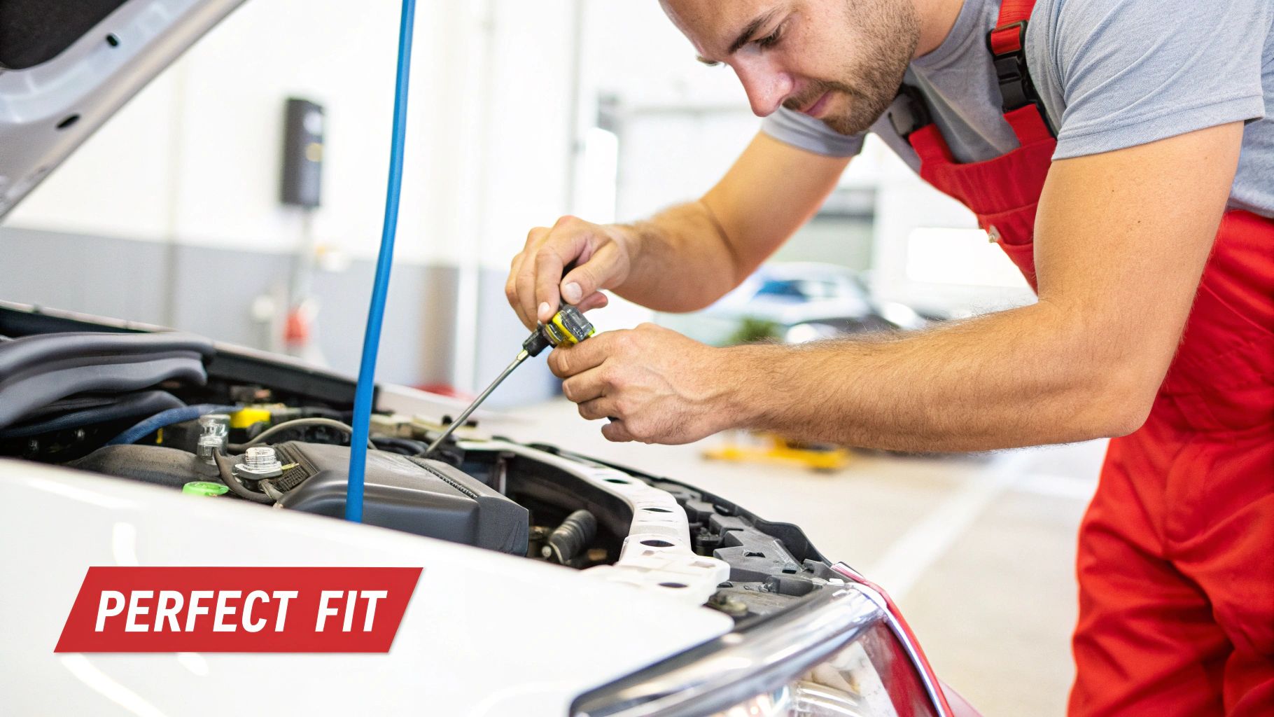 A mechanic working on a car engine with tools, highlighting a clean and organized repair process.