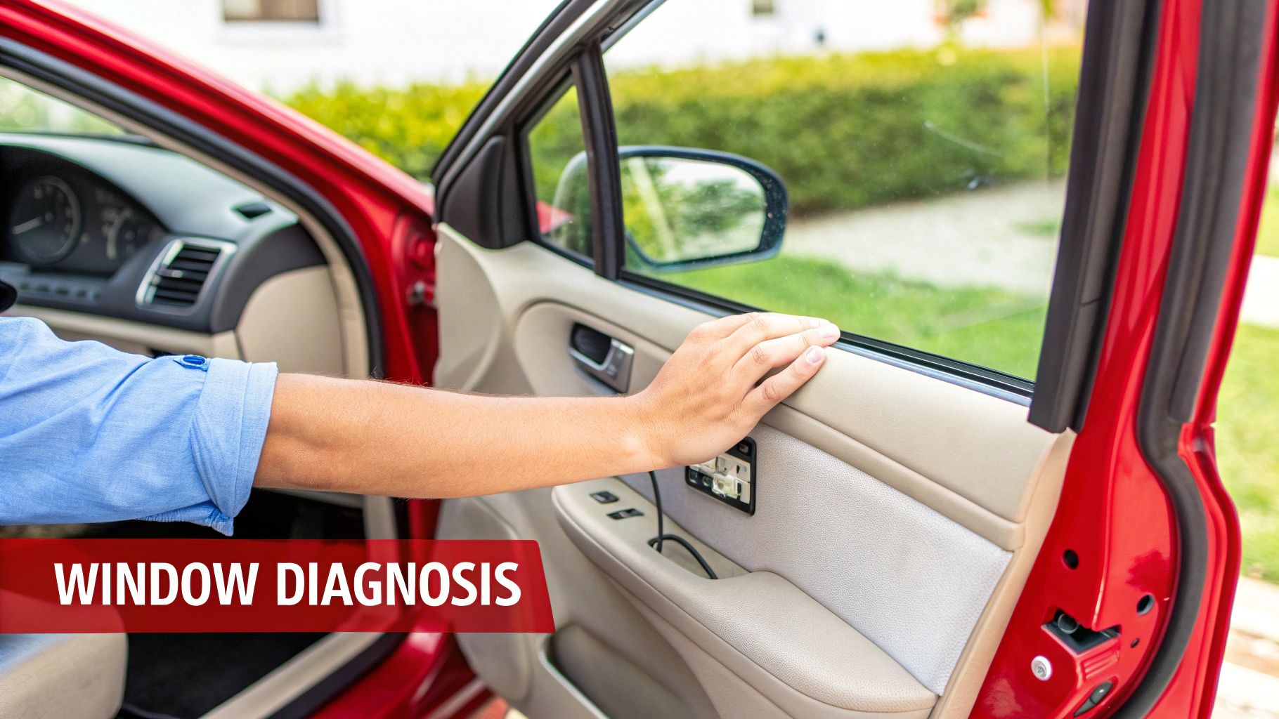 Mechanic inspecting the inside of a car door panel where the window regulator is located.
