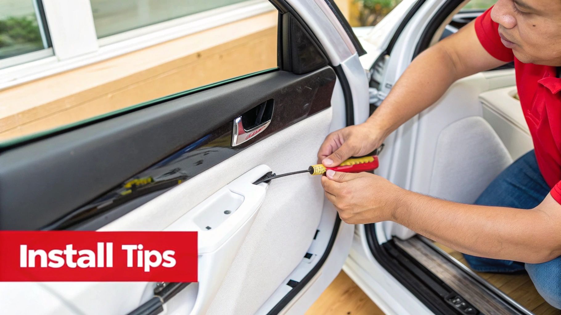 A person uses a screwdriver to work on the interior of a car door, likely for installation or repair, with 'Install Tips' overlay.