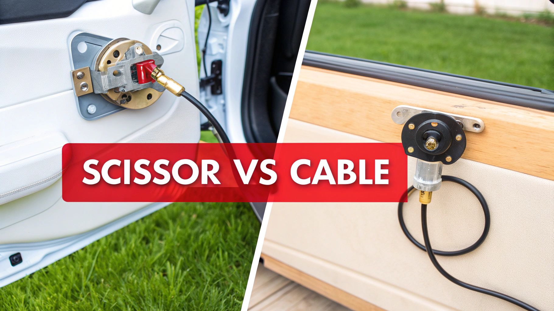 A split image comparing two car window regulator types: a scissor mechanism and a cable mechanism.