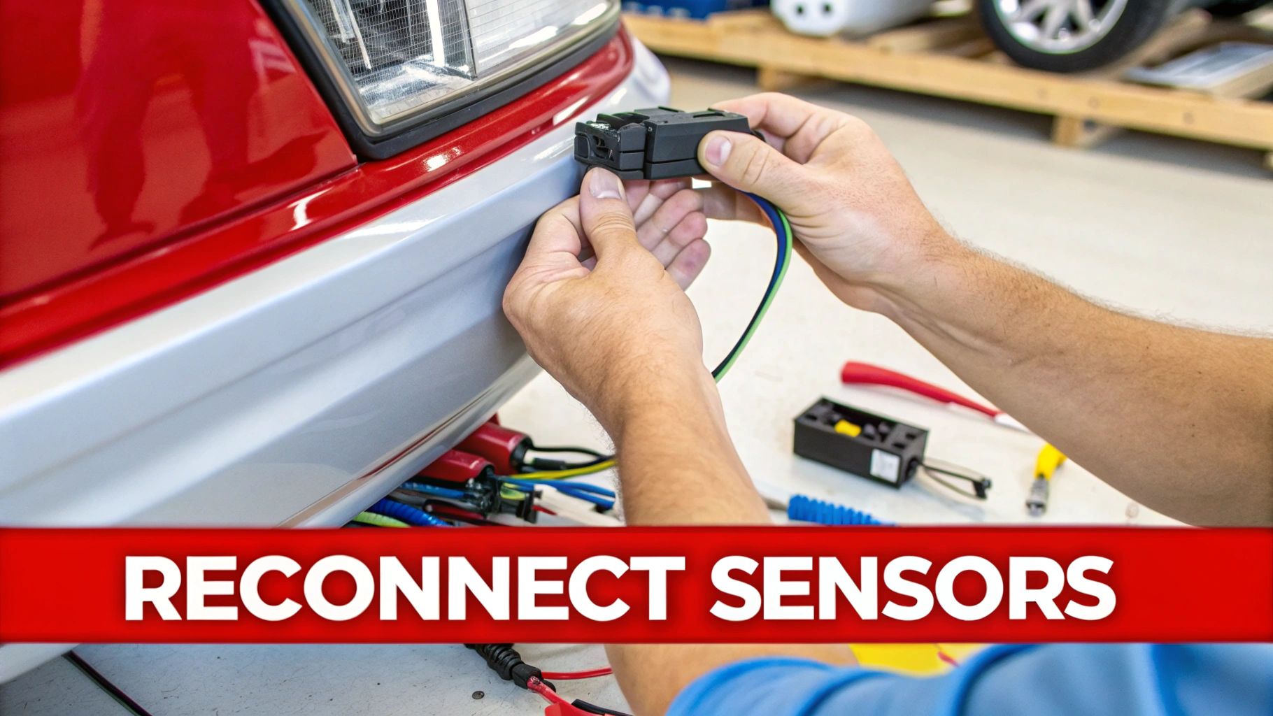 Close-up of hands reconnecting car sensors near the bumper during a repair process.