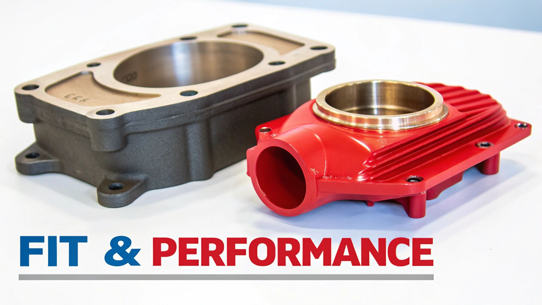 Two industrial machined metal parts, one dark grey and one red, illustrating fit and performance.