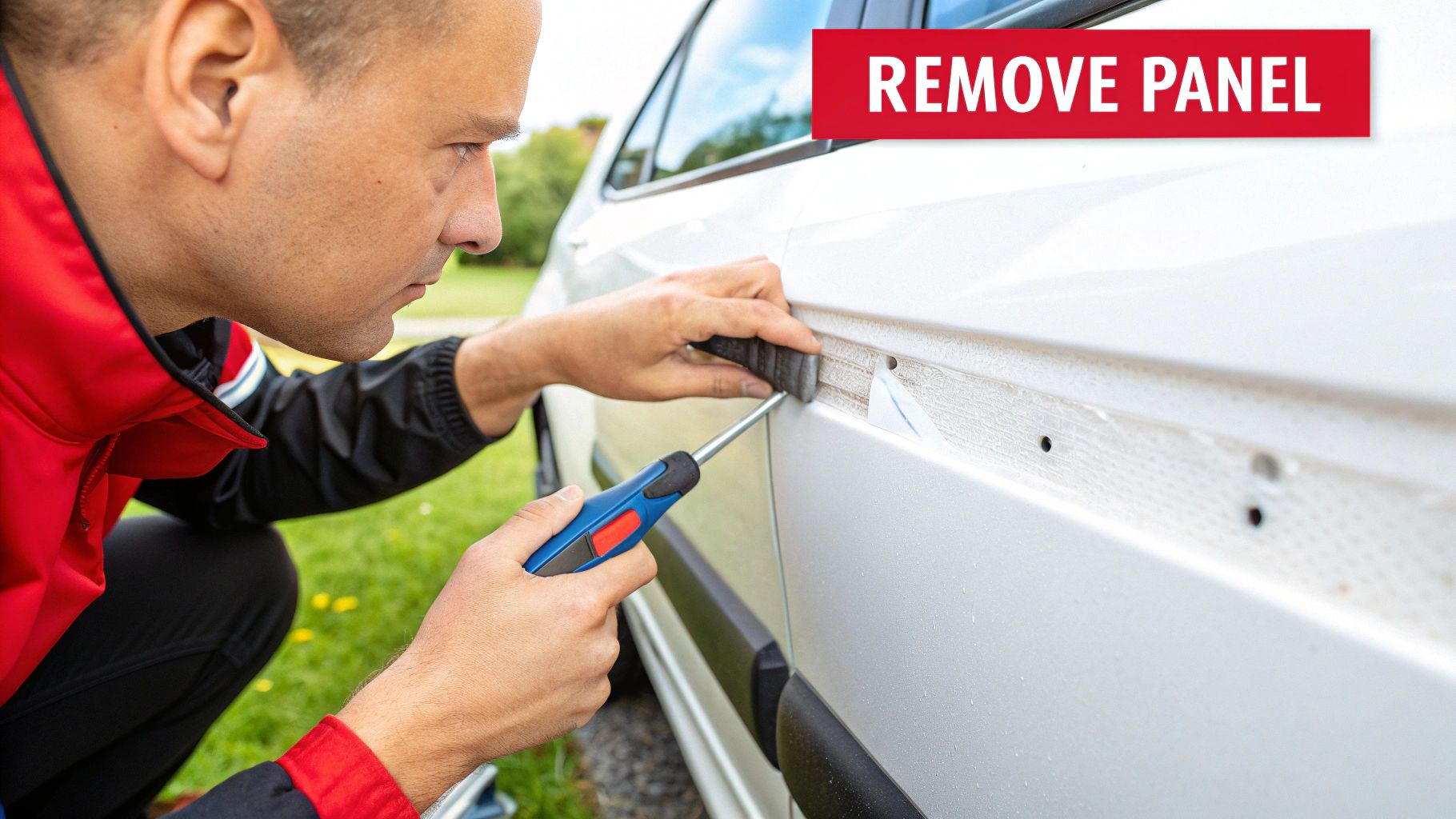 A person carefully removing a car's interior door panel with a trim tool.