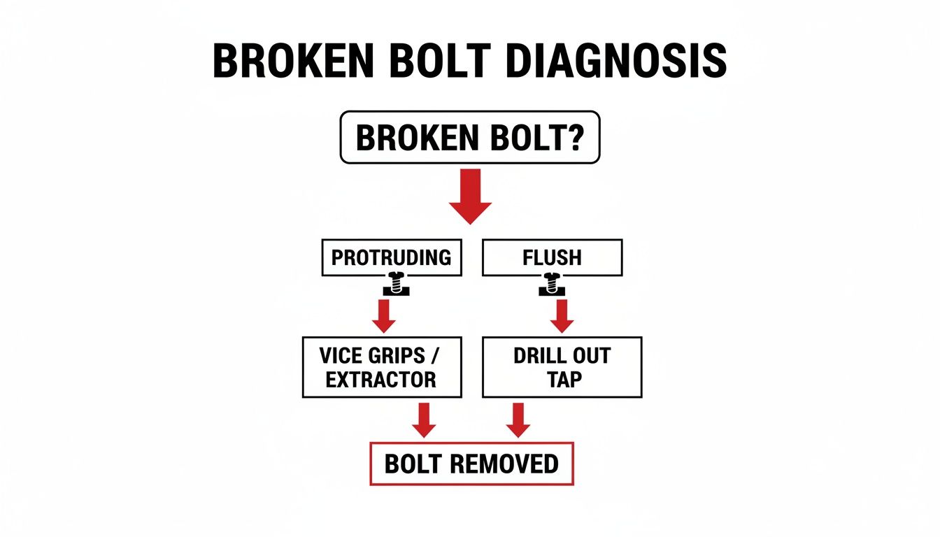 Flowchart detailing the diagnosis and removal process for broken bolts, including protruding and flush cases.