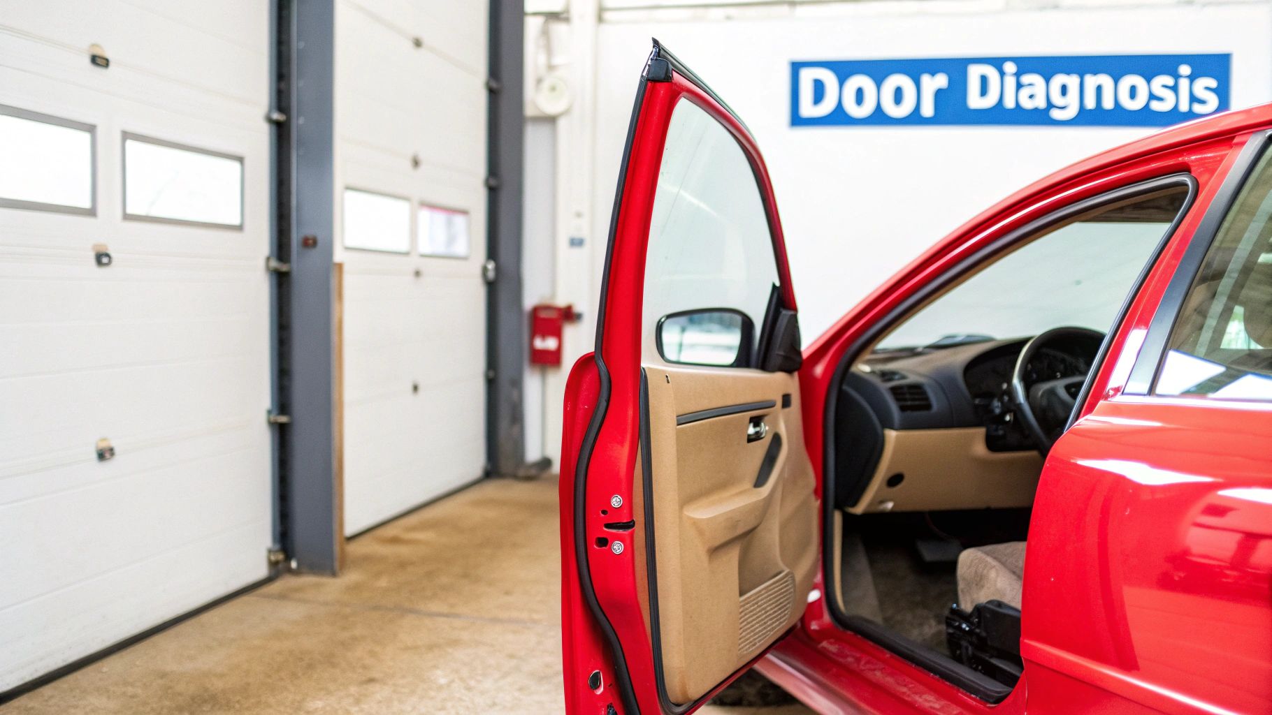 A red car with its front door open, parked inside a garage with a 'Door Diagnosis' sign.