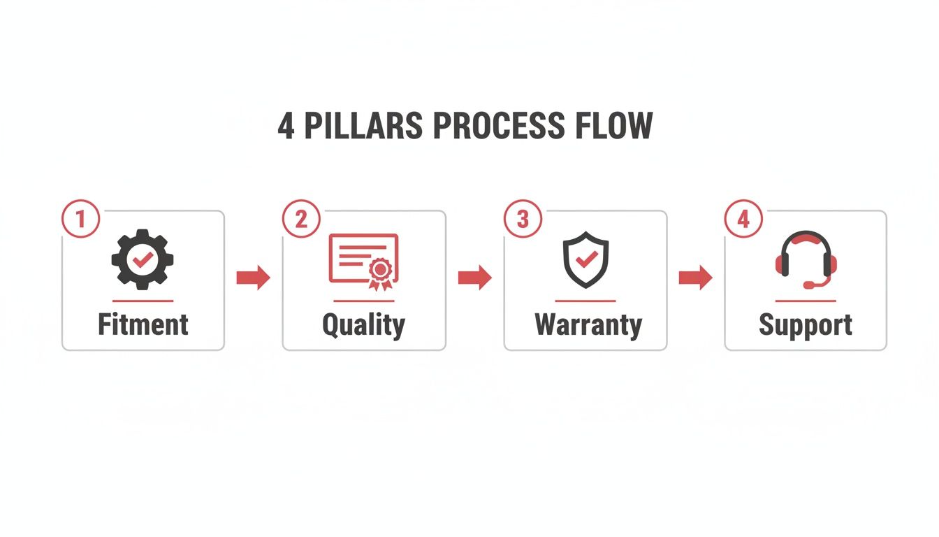 Infographic illustrating a 4-pillar process flow: Fitment, Quality, Warranty, and Support, with icons.