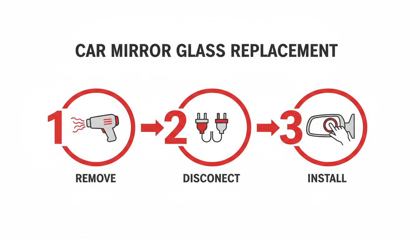 A 3-step infographic showing how to replace car mirror glass: remove, disconnect, and install.