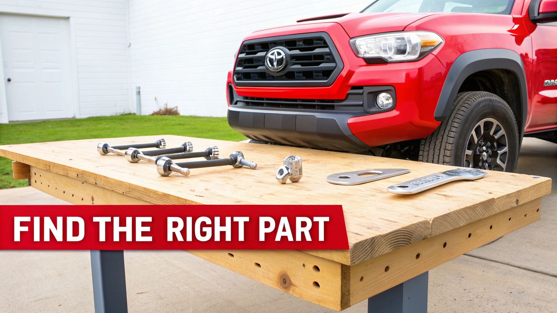 Toyota Tacoma with various automotive replacement parts and tools laid out on a wooden workbench.