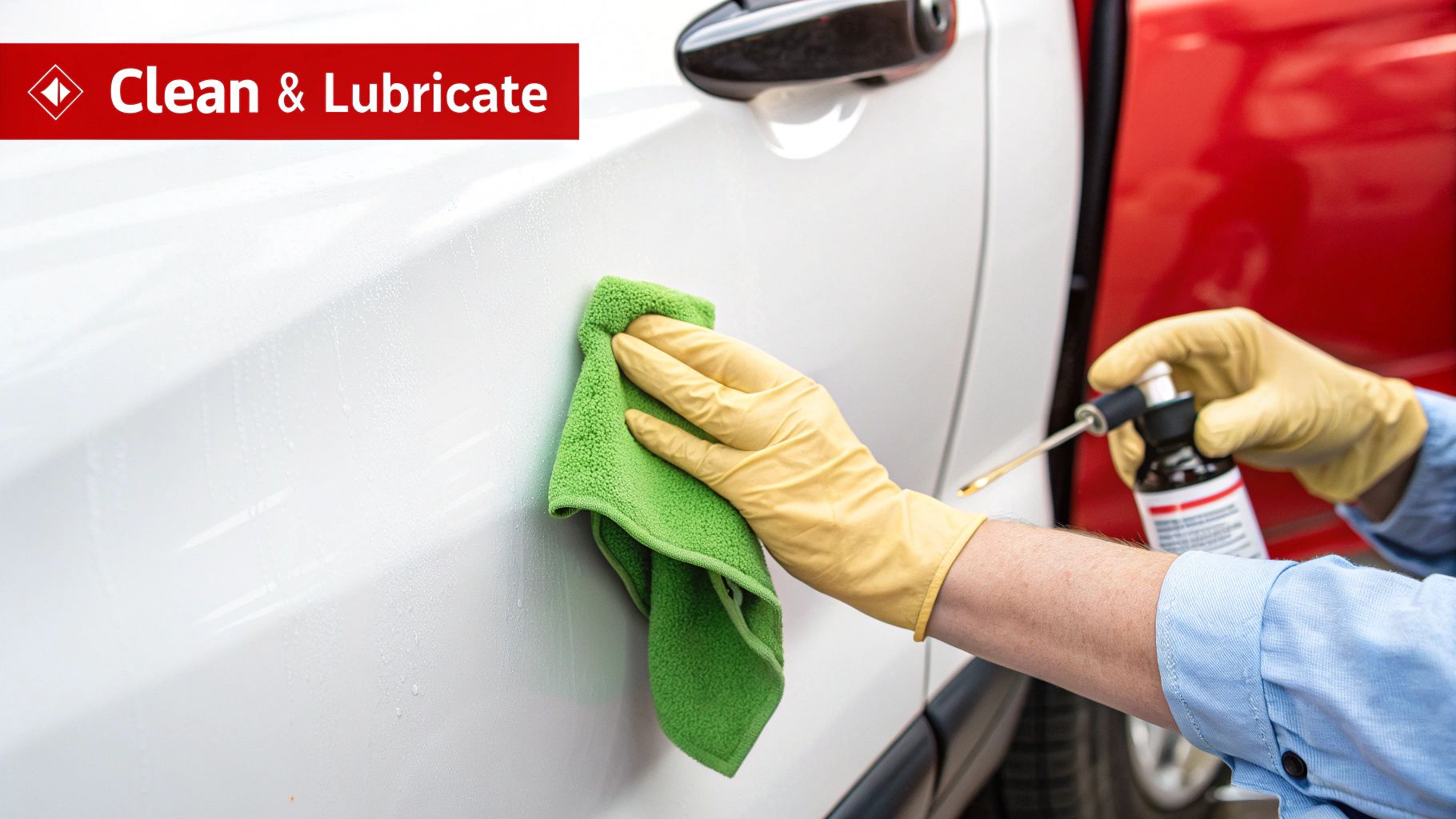 Hands in yellow gloves cleaning a white car with a green cloth and applying lubricant.