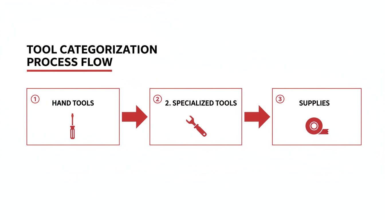 A process flow diagram categorizing tools into hand tools, specialized tools, and supplies, each with an icon.