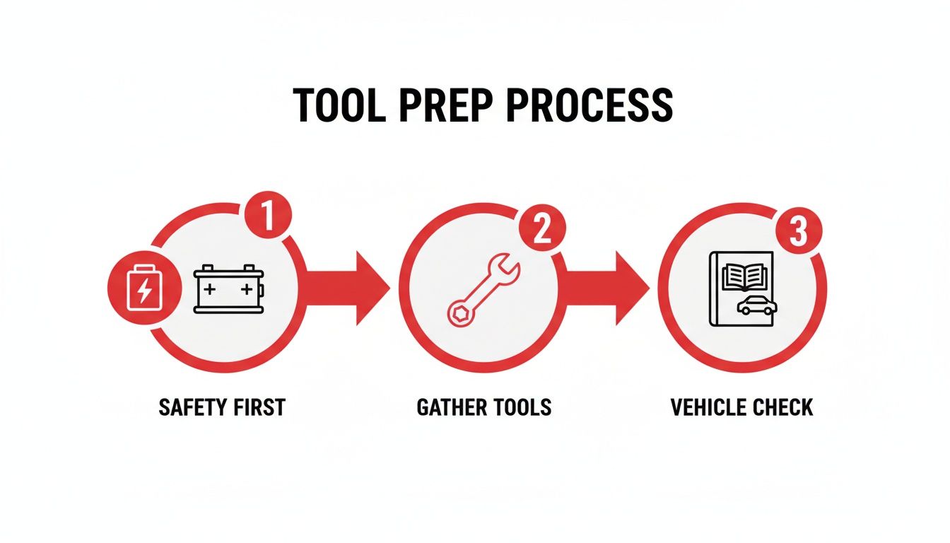 A three-step diagram outlines a tool preparation process: Safety First (battery icon), Gather Tools (wrench icon), and Vehicle Check (manual and car icon).