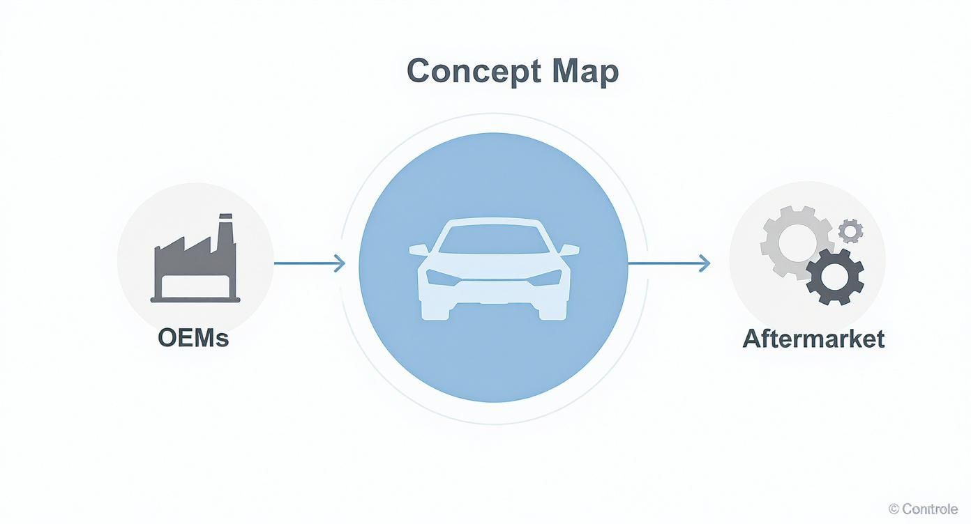 Concept map showing automotive supply chain from OEMs through vehicles to aftermarket parts with gear icons