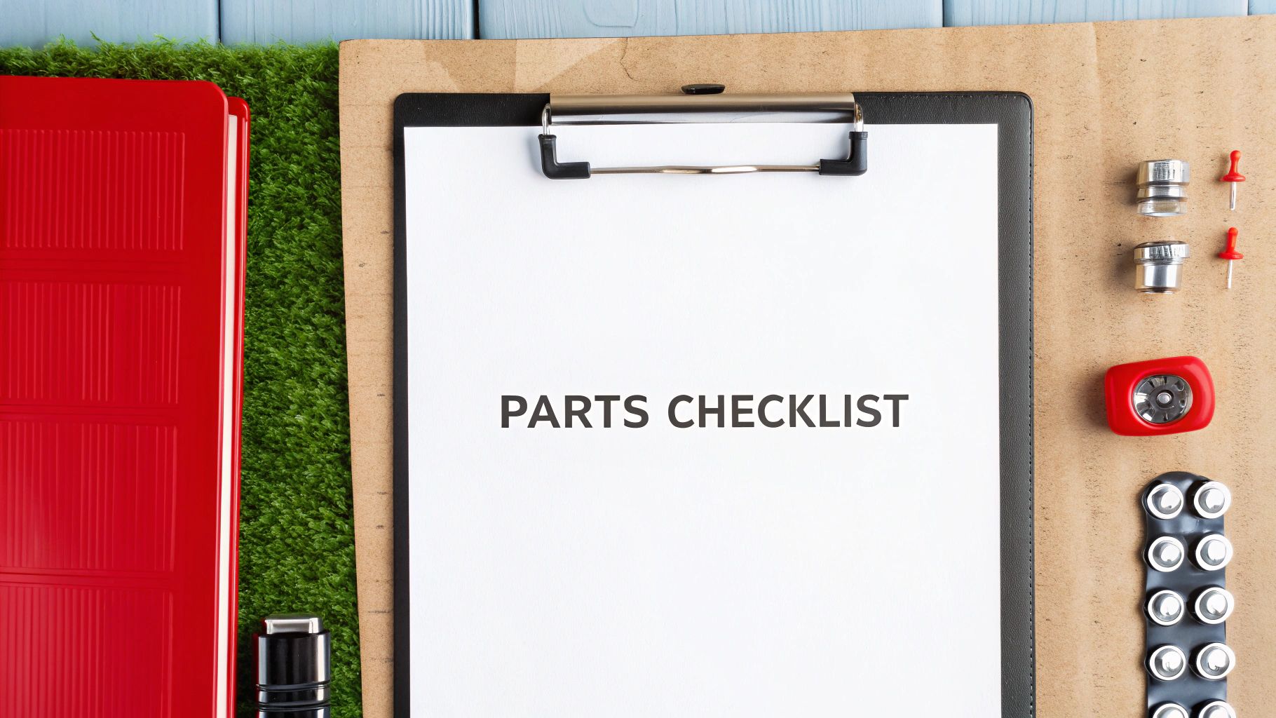 A detailed checklist on a clipboard next to various auto parts