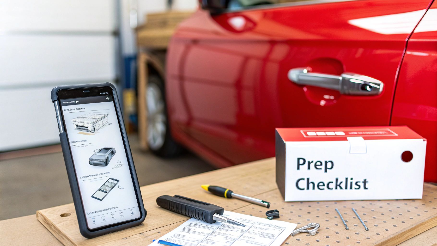 A smartphone displays car part diagrams, with a 'Prep Checklist' box and tools near a red car door.