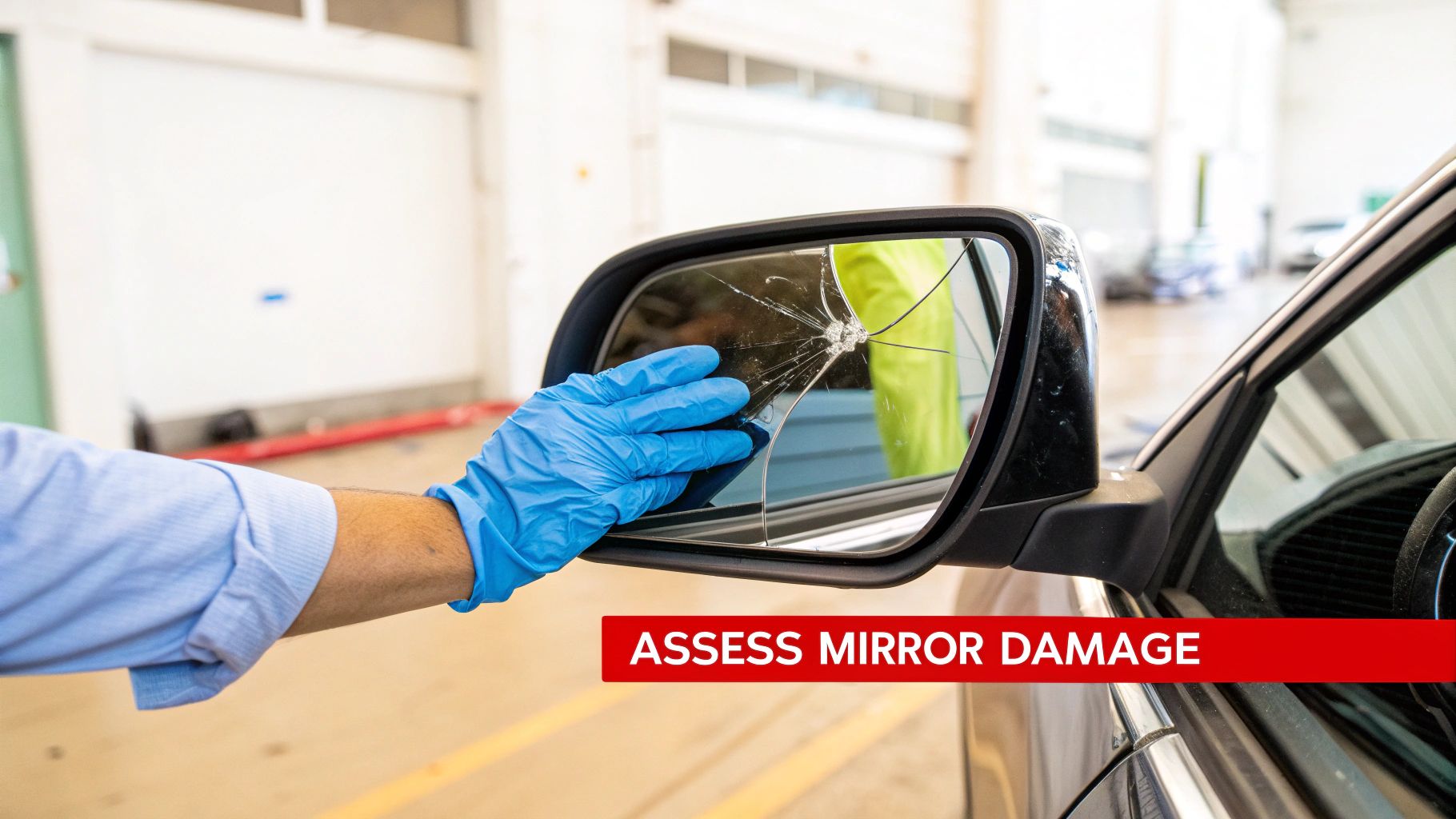 A person in a blue glove touches a severely cracked car side mirror, highlighting the damage.